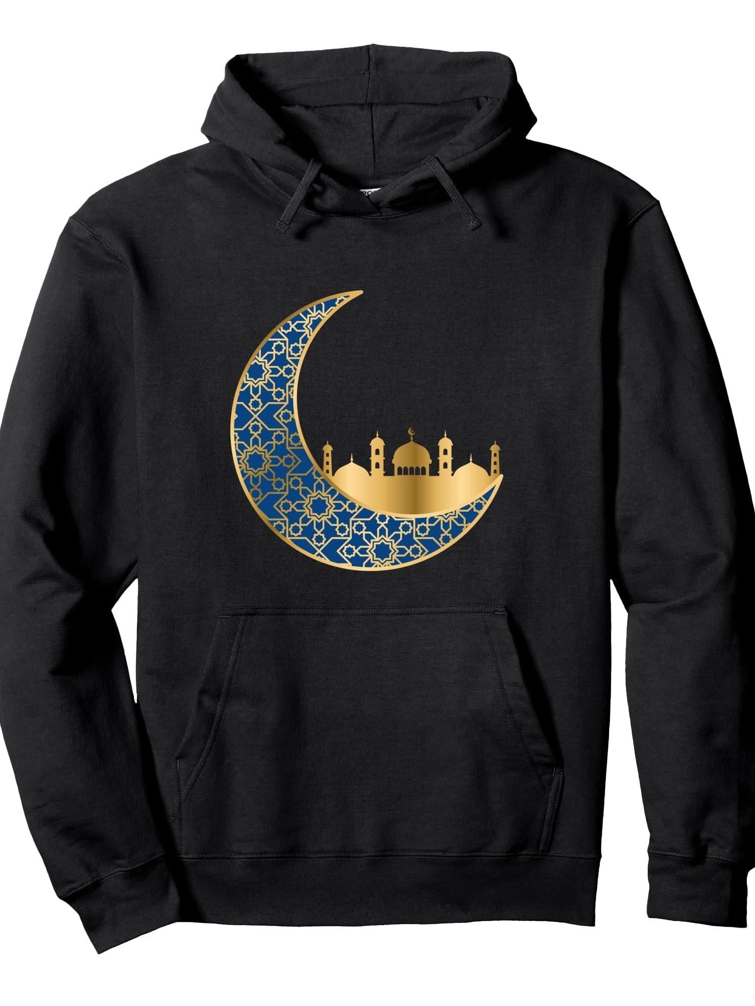 Gold Islamic Moon Ramadan Vector. Eid Mubarak Arabic Ramadan Pullover Hoodie Ramadan Black 250gsm Cotton Long Sleeve Men Casual Hoodie